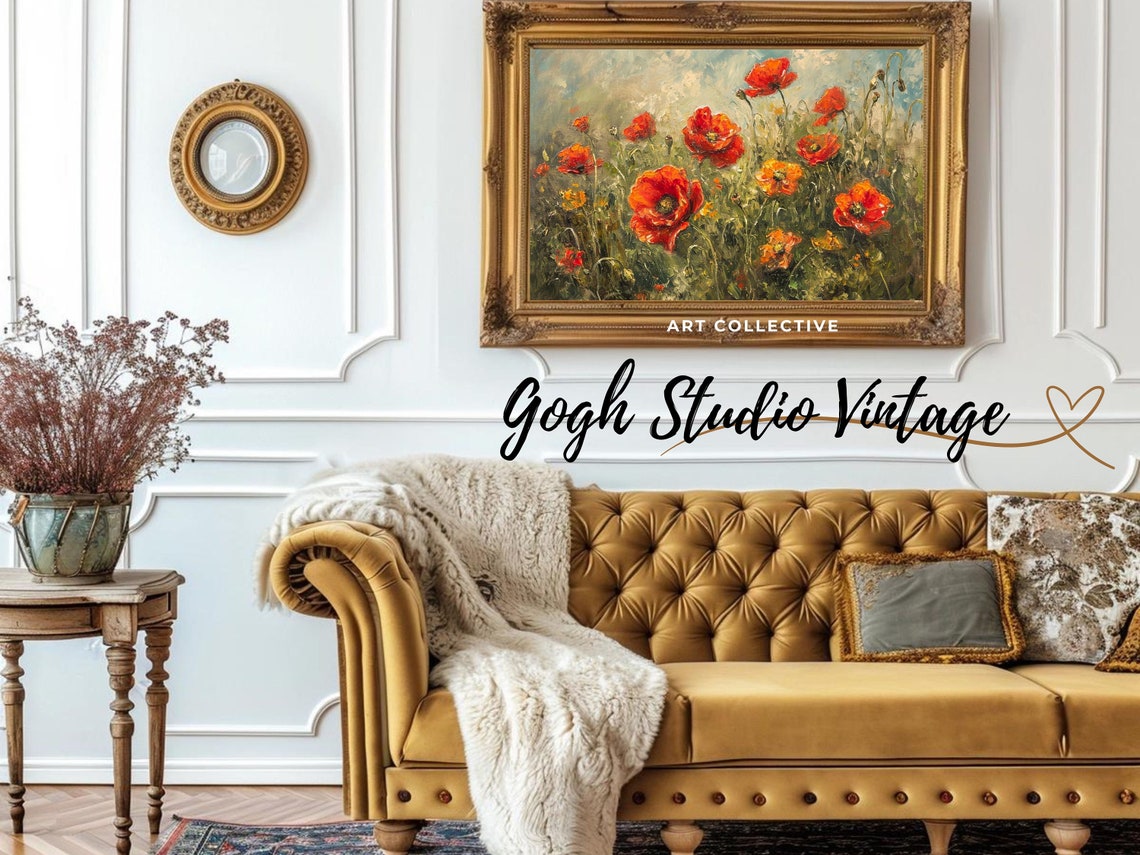 Red Poppies Flower Field, Vintage Oil Painting Art Print - Image 3
