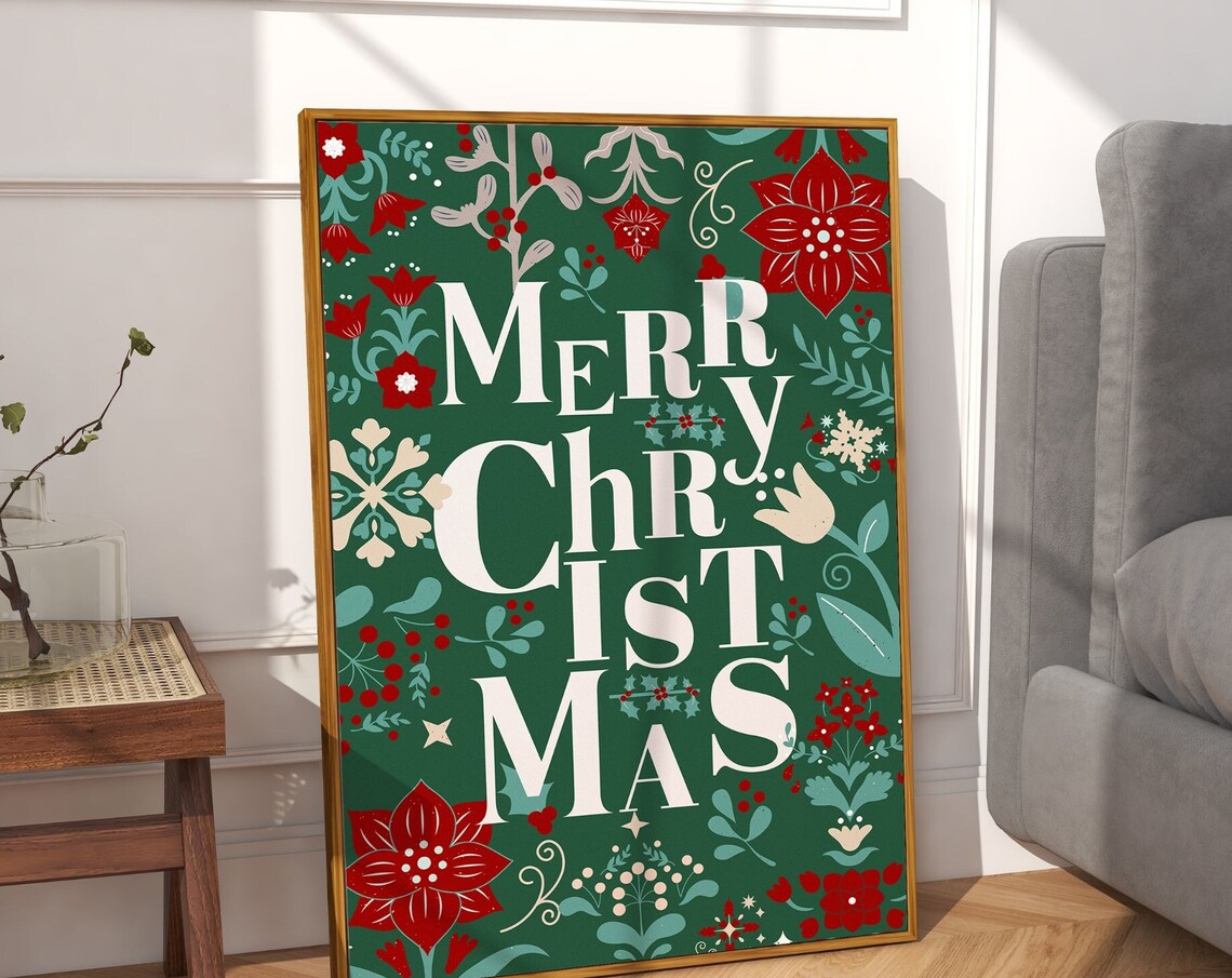 Merry Christmas Floral Typography Green Poinsettia Holiday Poster - Image 2