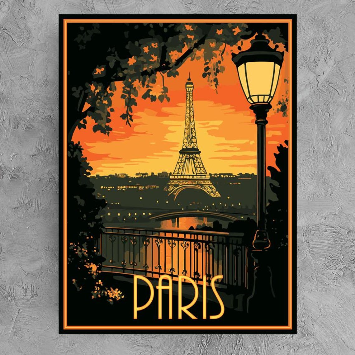 Paris Eiffel Tower Sunset Street Lamp Romantic Evening Travel Poster