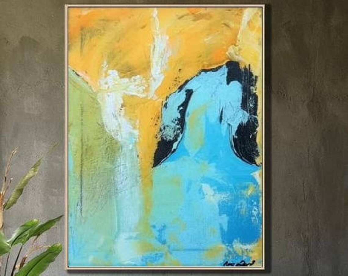 Abstract Yellow and Blue Oil Painting, Wall Art Print - Image 2