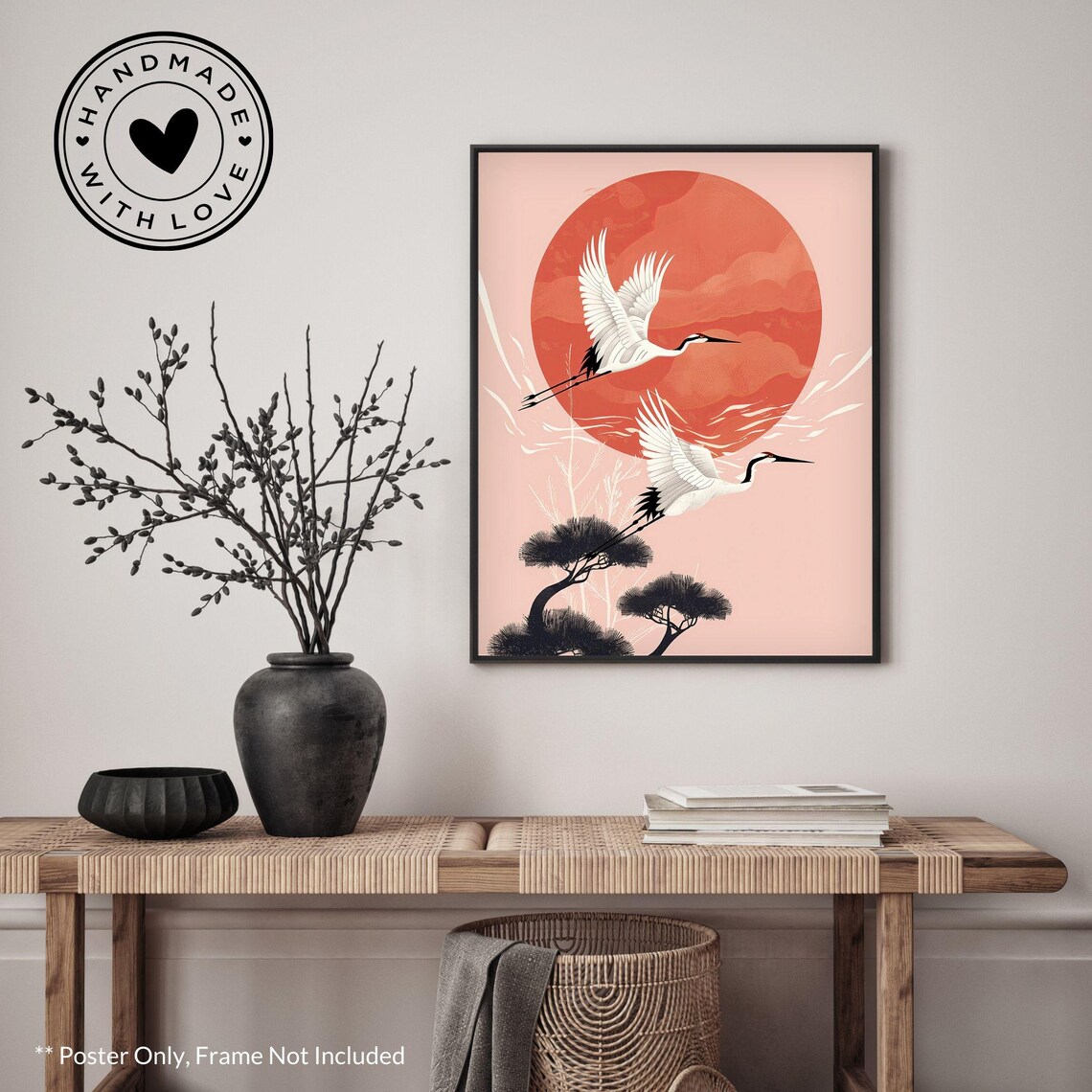 Hokusai Ukiyo-E Japanese Pink Cranes Art Print