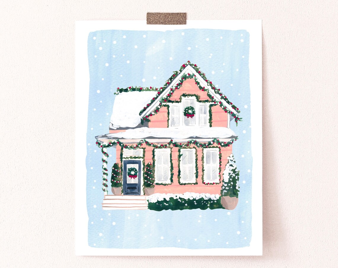 Pink Christmas House Art Print, Holiday Wall Decor