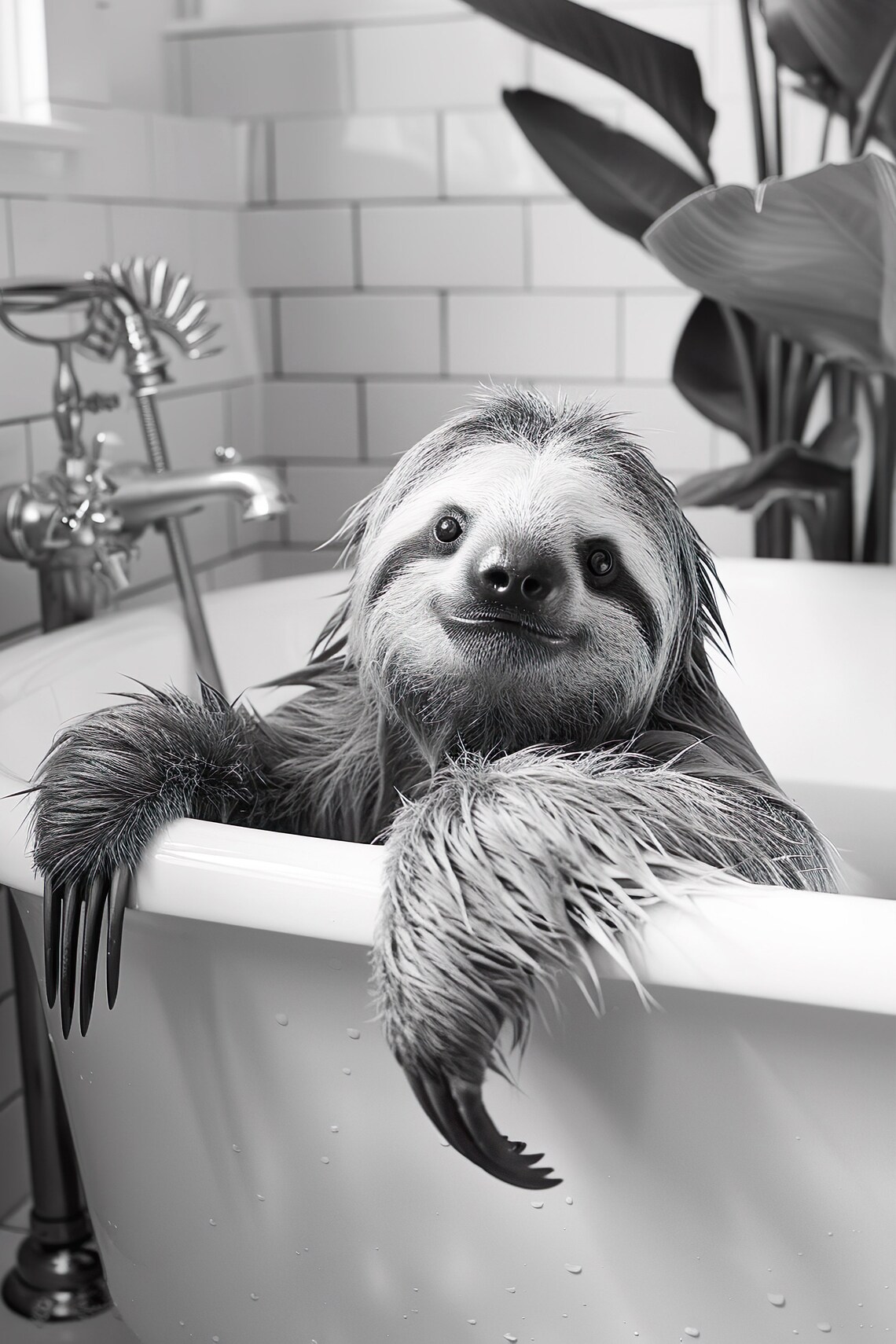 Funny Sloth Bathtub Black White Bathroom Humor Animal Photo Poster