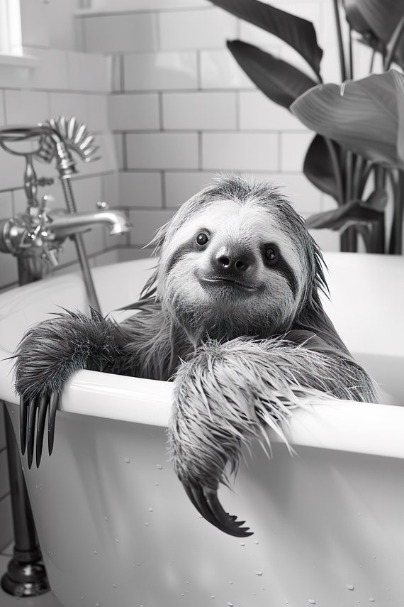 Sloth In The Bathtub Funny Animal Photograph Sloth Taking A Bubble Bath Ai Animal Print Funny Bathroom Wall Art Home