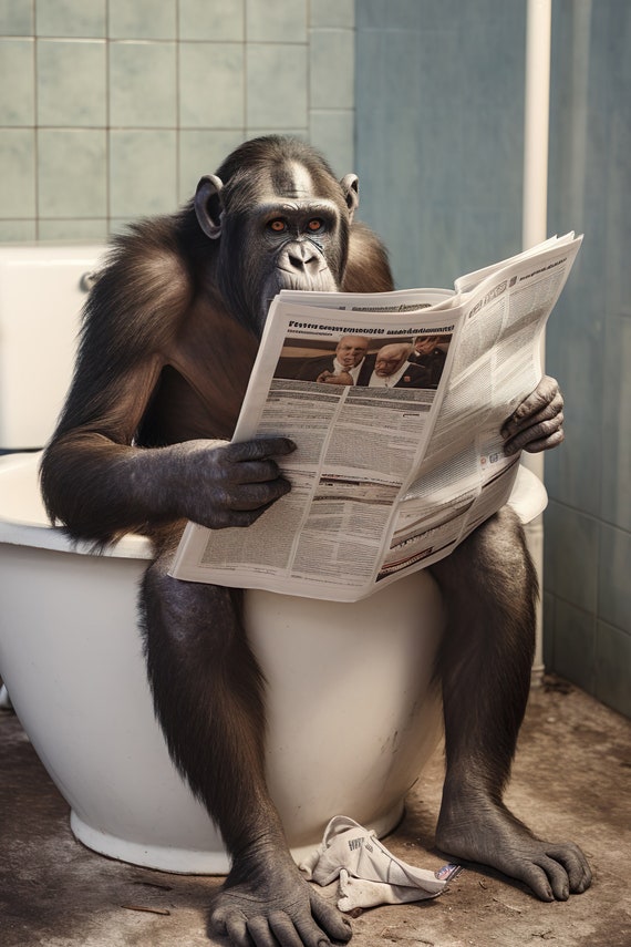 Bonobo Ape Sitting On The Toilet Reading A Newspaper Funny Bathroom Wall Art Funny Monkey Print Funny Animal Photo Ai Art