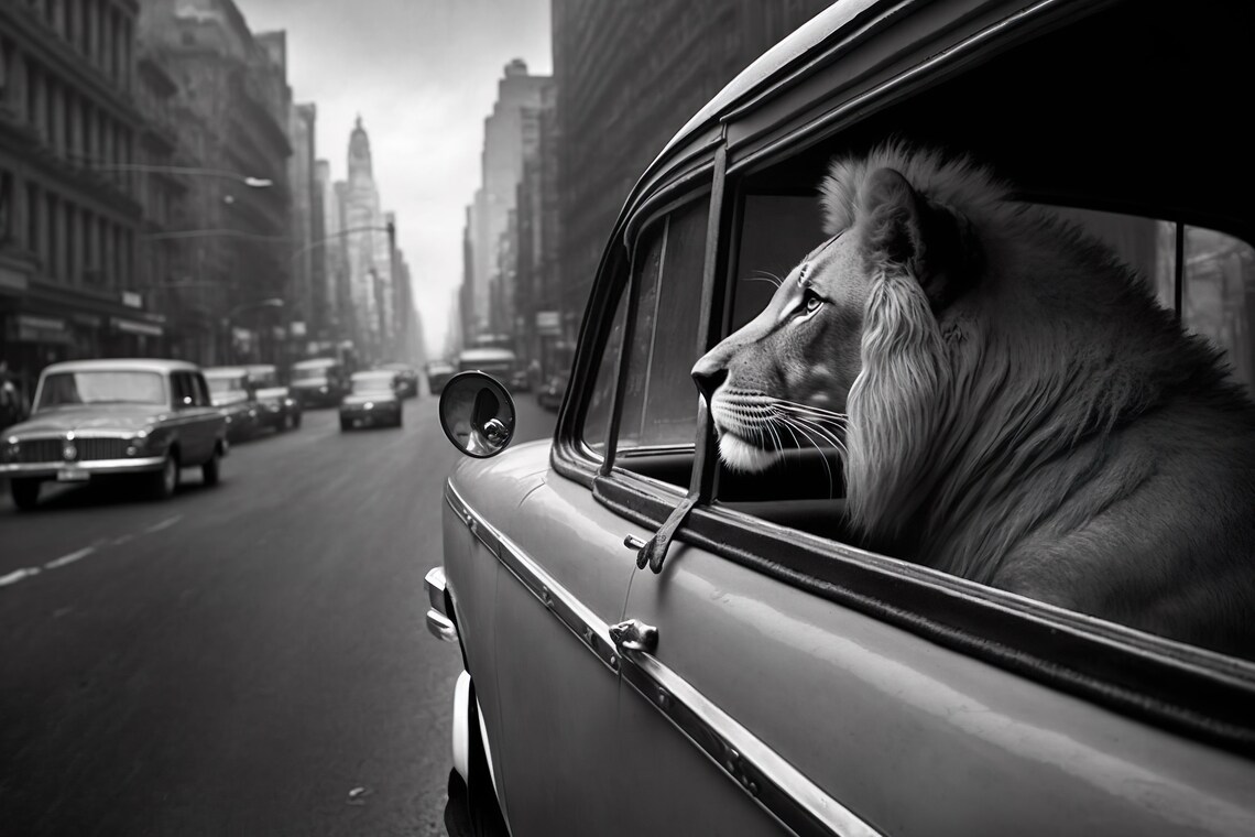 Lion Riding in a Car in New York City, Vintage Humor