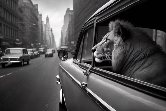 Lion Riding in a Car in New York City, Vintage Humor