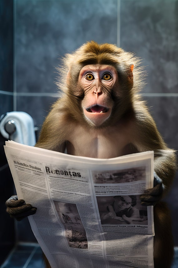 Macaque Monkey Sitting On The Toilet Reading A Newspaper Funny Bathroom Wall Art Funny Monkey Print Animal Photos Ai Art