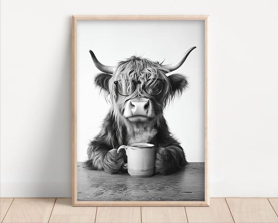 Highland Cow Drinking Coffee, Vintage Style Art Print
