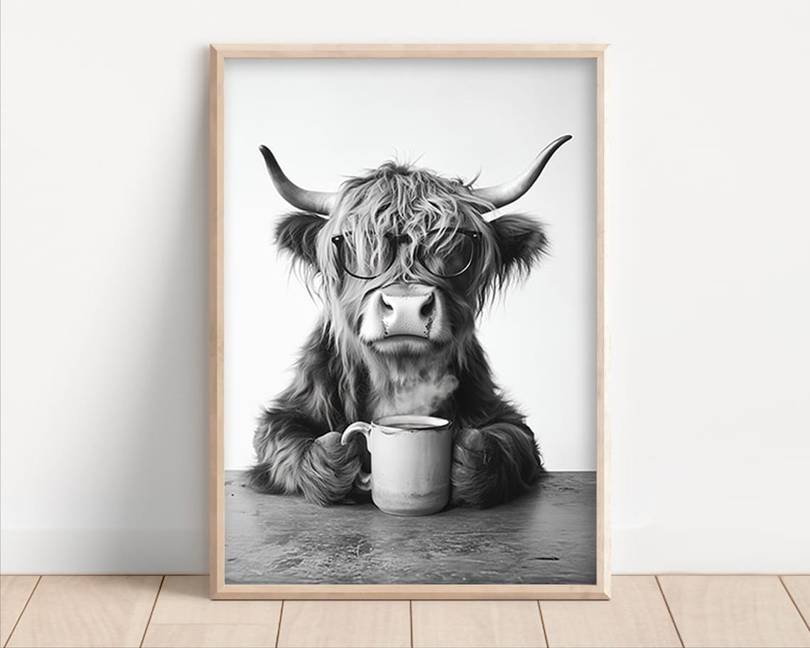 Highland Cow Drinking Coffee, Vintage Style Art Print