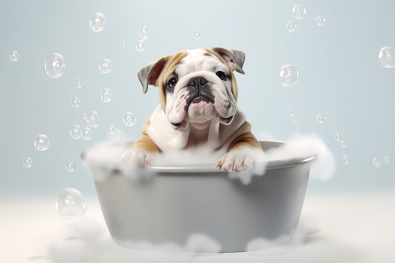 Bulldog Pup In The Bathtub Cute Dog Photograph Bulldog In Bubble Bath Funny Animal Prints Funny Bathroom Wall Art Ai Art