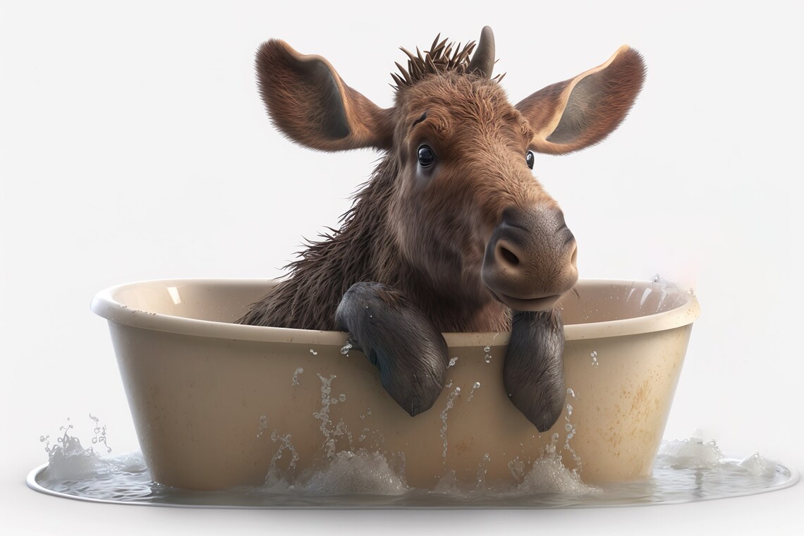 Cute Baby Moose In The Bathtub, Funny Animal Art Print
