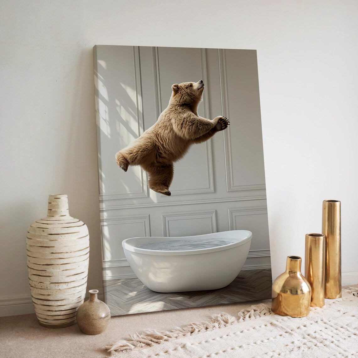 Bear Jumping Into Bathtub Funny Bathroom Art Print - Image 2