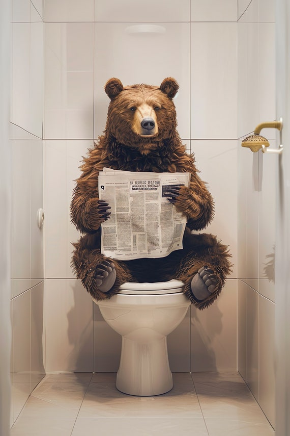 Bear On The Toilet Reading Newspaper, Funny Poster