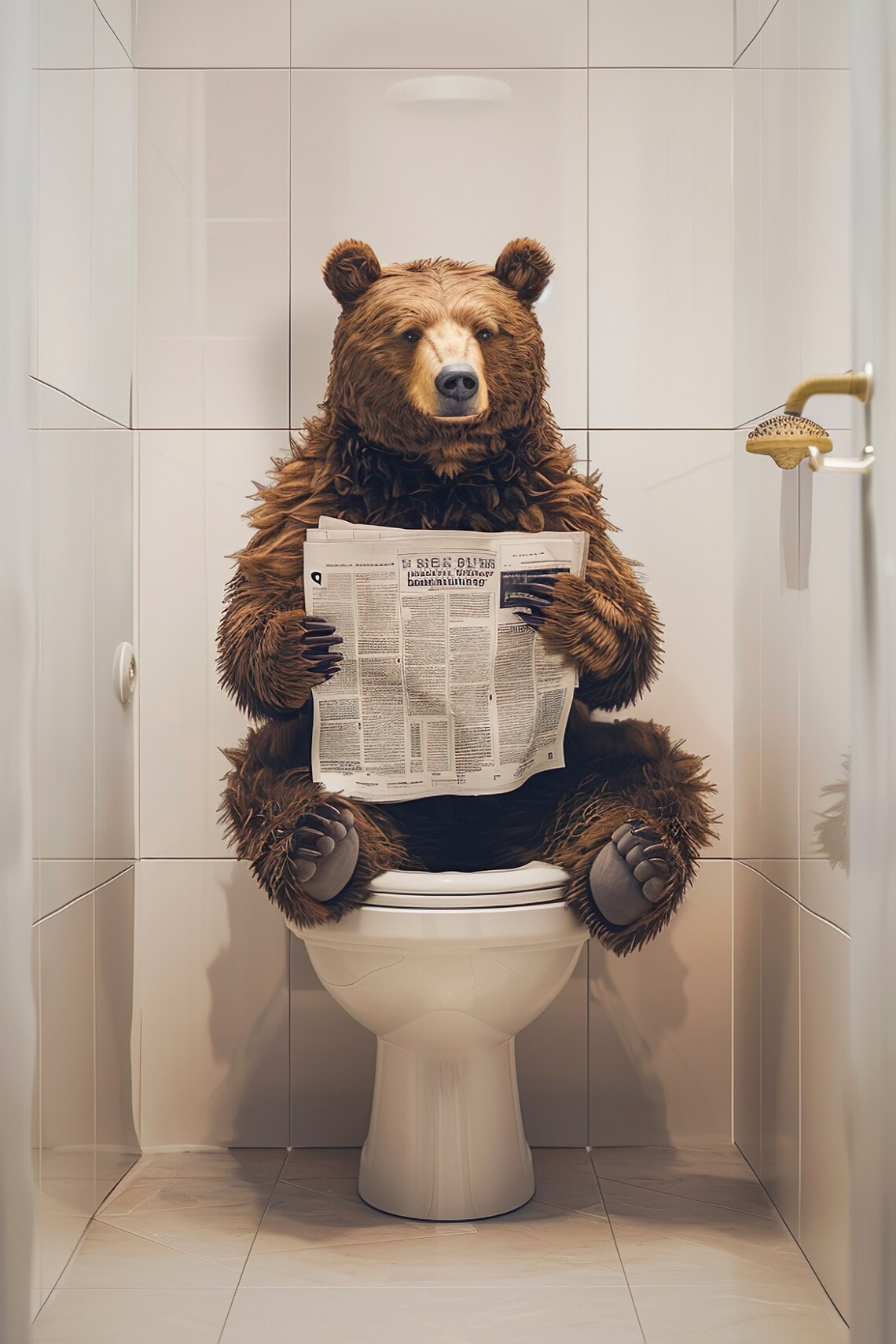 Bear On The Toilet Reading Newspaper, Funny Poster
