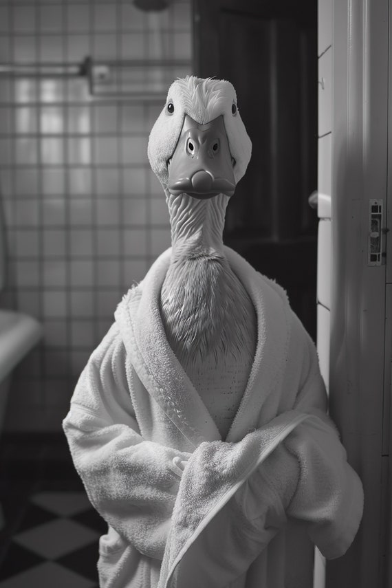 Duck In A Bathrobe Funny Bathroom Wall Art Quirky Animal Art Funny Duck In Bath Humor Print Home Ai Wall Art Prints