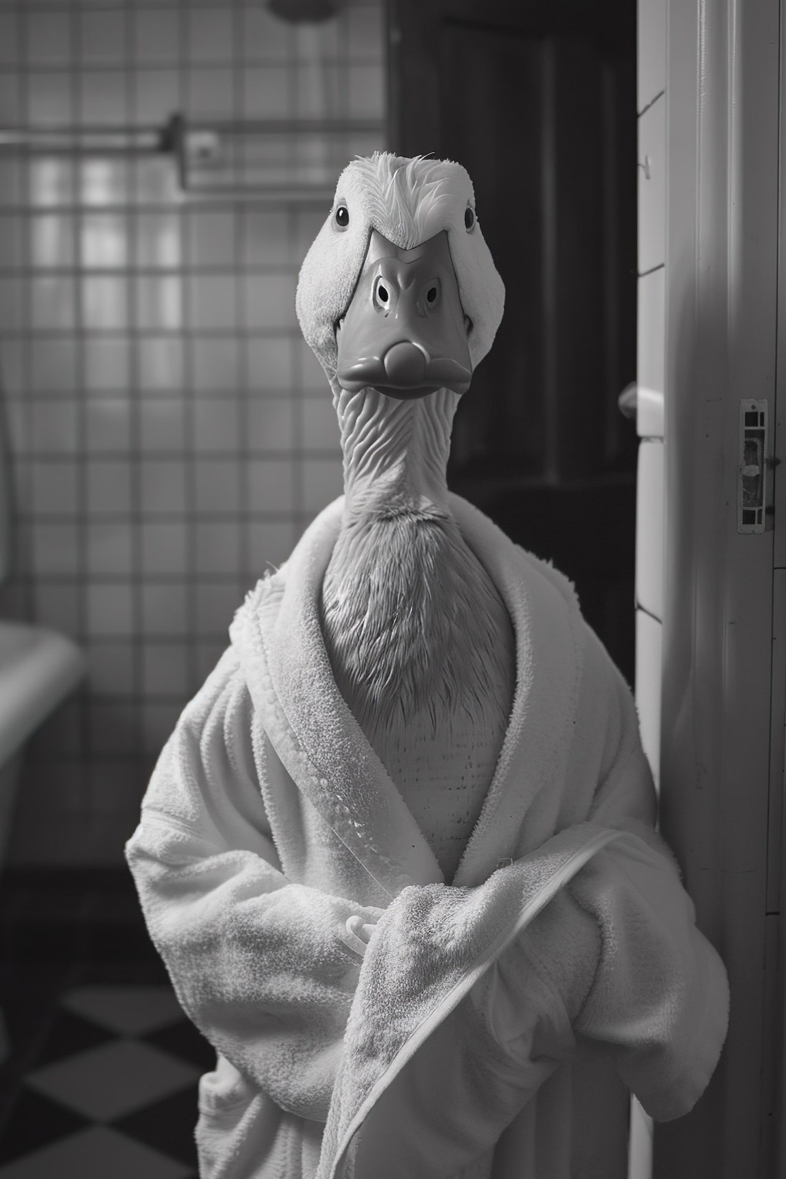 Duck In Bathrobe Black And White Bathroom Humor Animal Wall Art