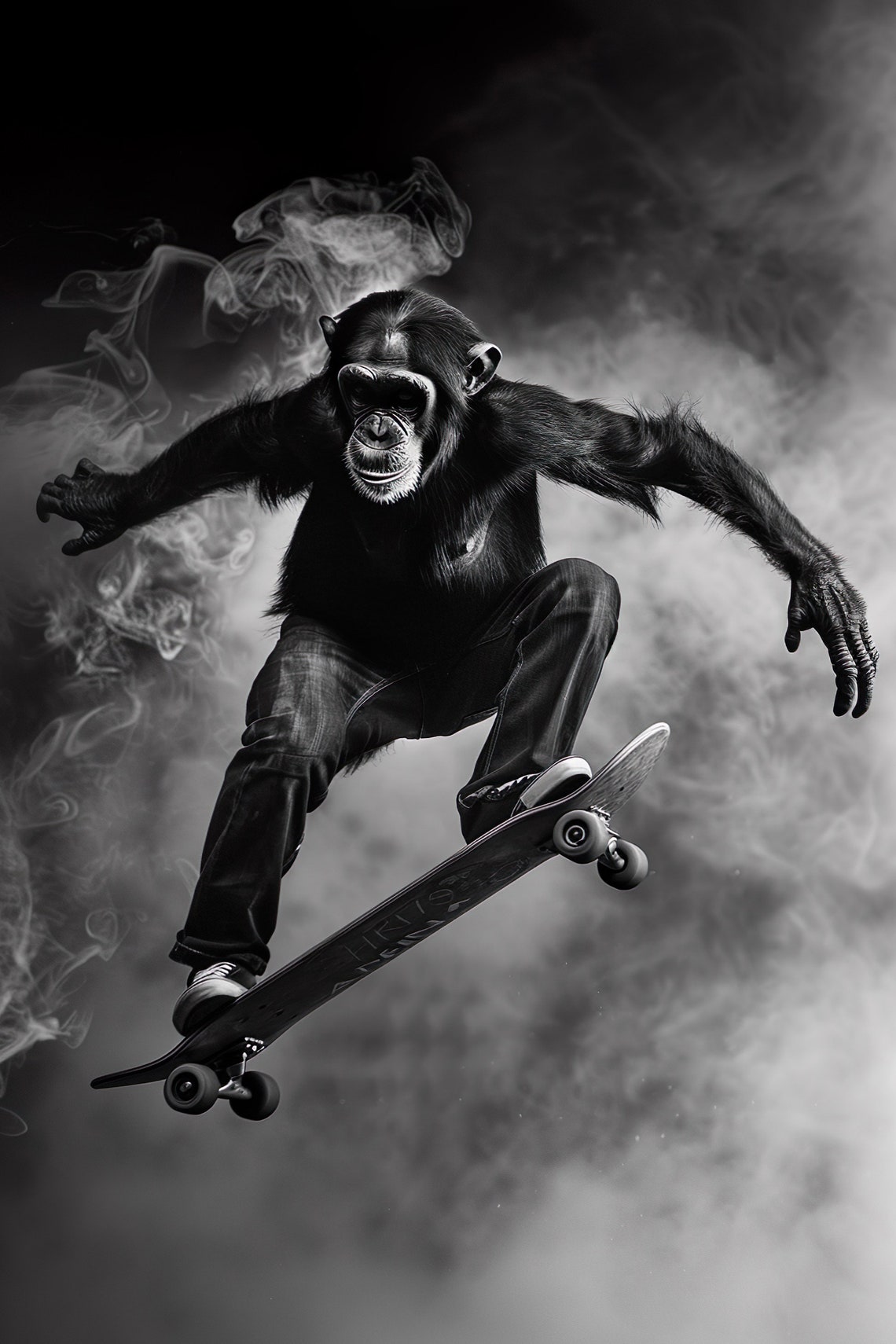 Chimpanzee Skateboard Jump Dramatic Smoke Black and White Poster