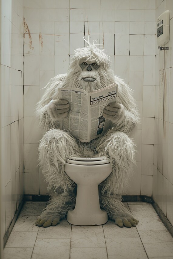 Yeti Reading Newspaper on the Toilet Funny Bathroom Monster Humor Poster