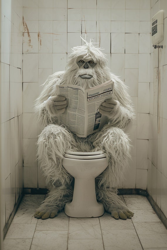 Yeti Sitting On The Toilet Reading A Newspaper Funny Bathroom Humor Funny Mythical Creature Wall Art Home Ai Art Prints