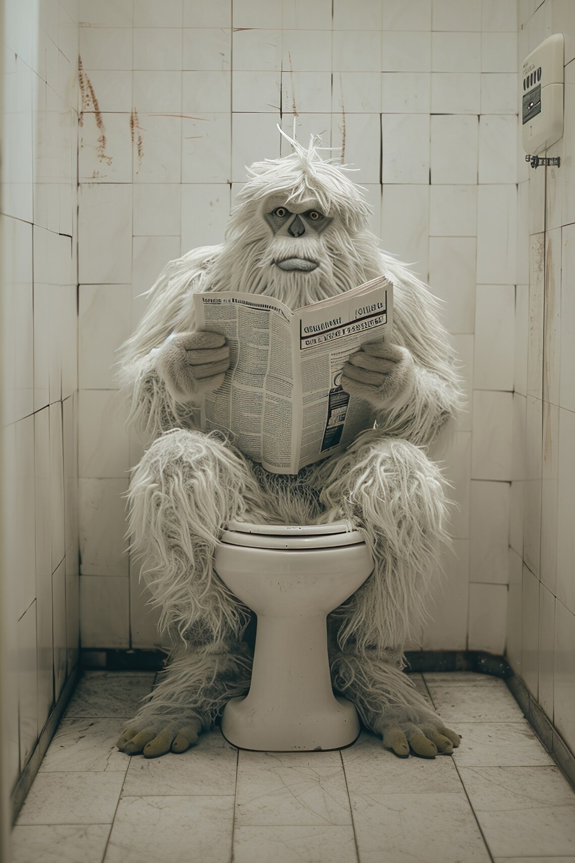 Yeti Reading Newspaper on the Toilet Funny Bathroom Monster Humor Poster