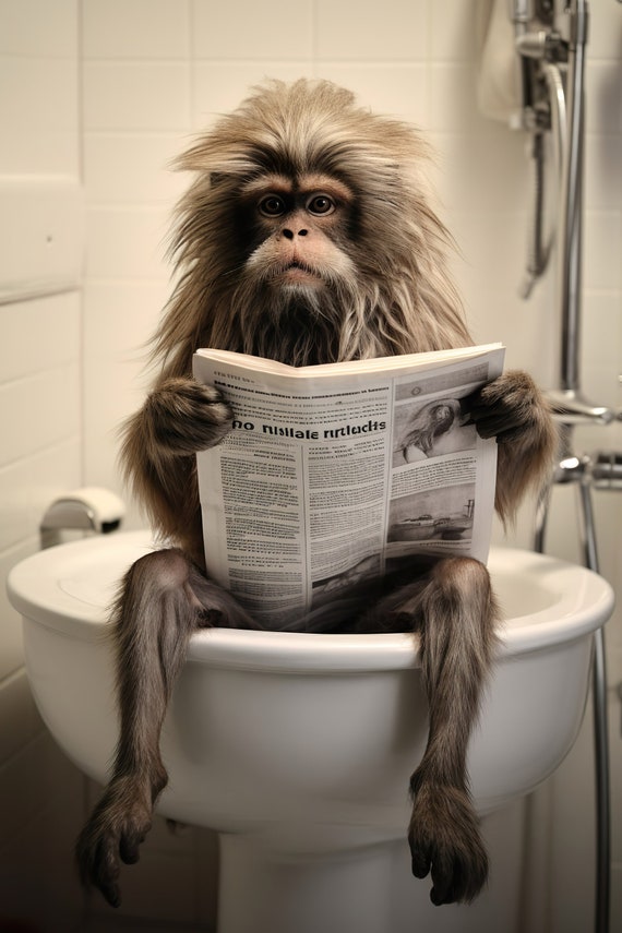 Tamarin Monkey Sitting On The Toilet Reading A Newspaper Funny Bathroom Wall Art Funny Monkey Print Animal Photo Ai Art