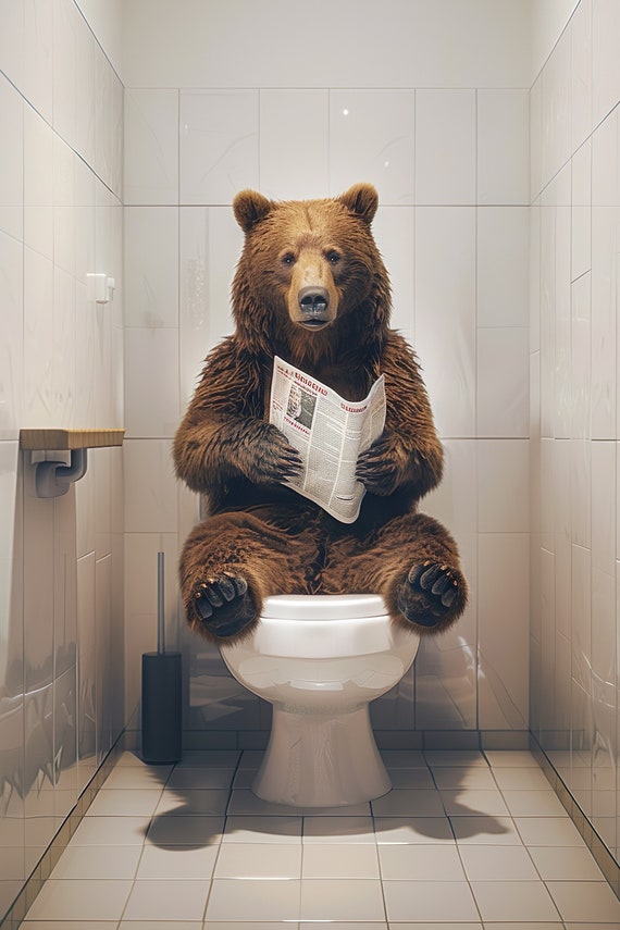 Bear Sitting On The Toilet Reading A Newspaper Funny Bathroom Humor Wall Decor Funny Animal Print Home Ai Prints