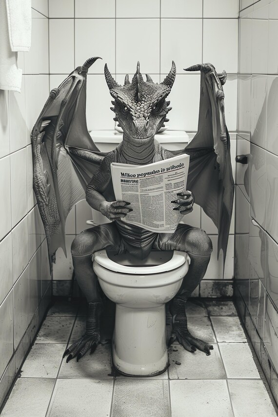 Dragon Sitting On The Toilet Reading A Newspaper Funny Bathroom Wall Art Funny Mythical Creature Print Home Decor Ai Art