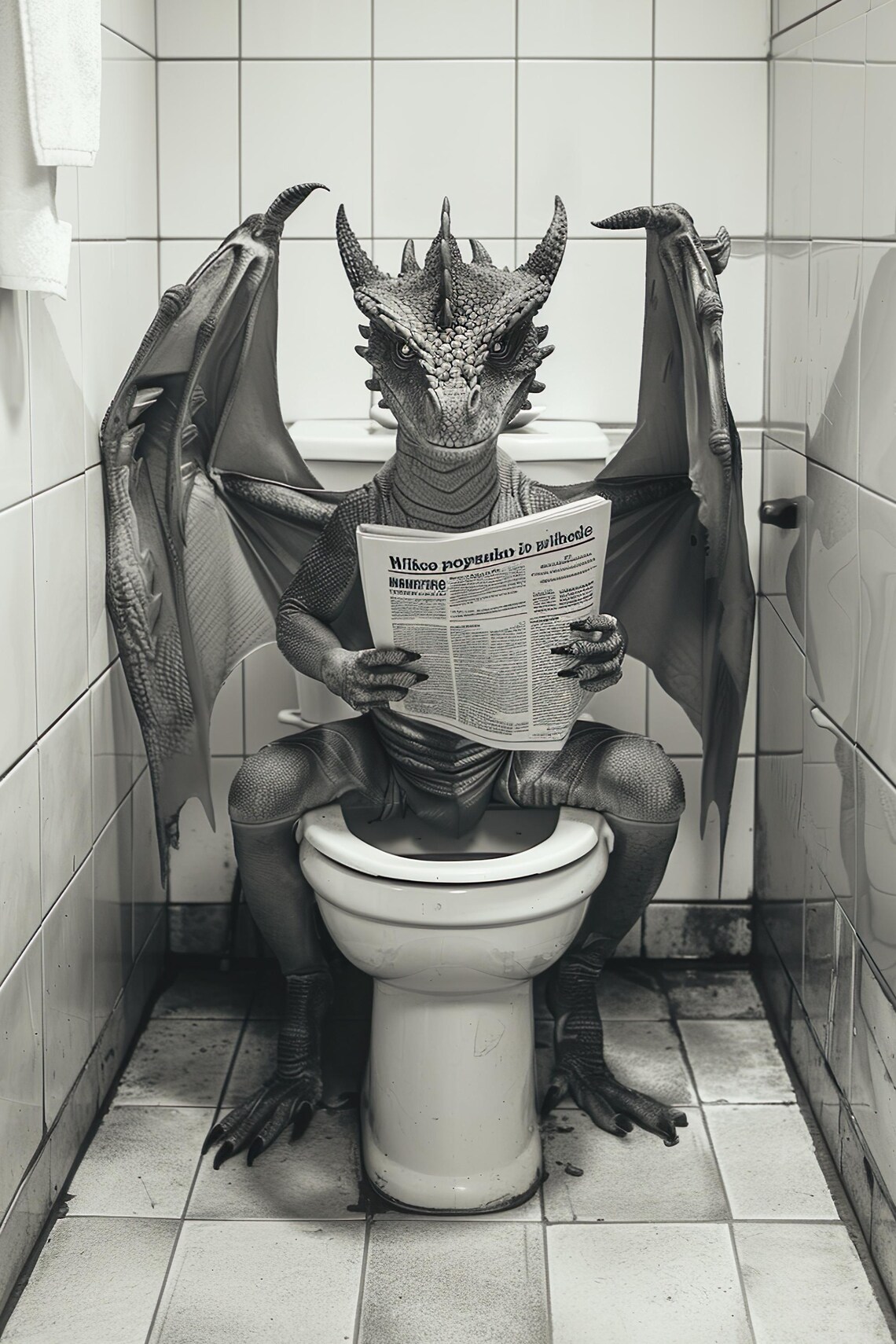Dragon Sitting On Toilet Reading Newspaper Funny Fantasy Bathroom Poster