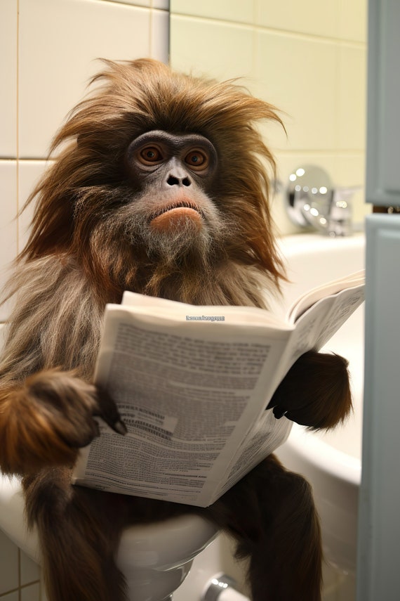 Tamarin Monkey Sitting On The Toilet Reading A Newspaper Funny Bathroom Wall Art Funny Monkey Print Animal Photo Ai Art