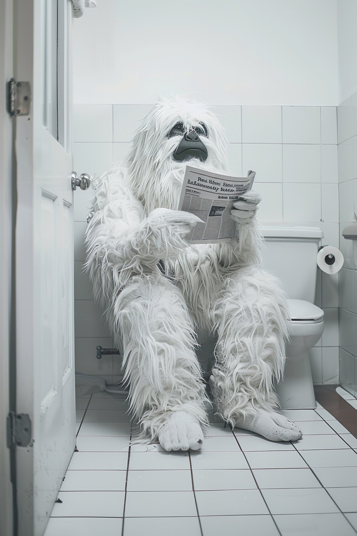 Funny White Yeti Sitting Beside Toilet Reading Newspaper Bathroom Poster