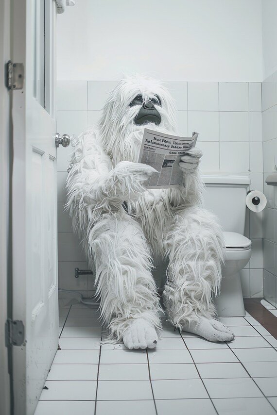 Funny White Yeti Sitting Beside Toilet Reading Newspaper Bathroom Poster