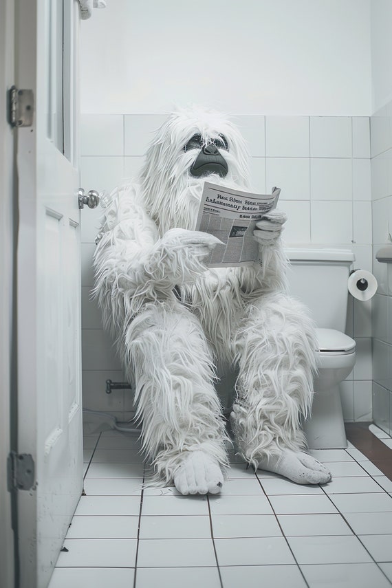 Yeti Sitting On The Toilet Reading A Newspaper Funny Bathroom Humor Funny Mythical Creature Wall Art Home Ai Art Prints