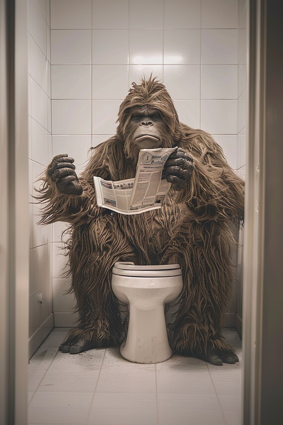Funny Sasquatch Bigfoot Sitting On Toilet Reading Newspaper Poster
