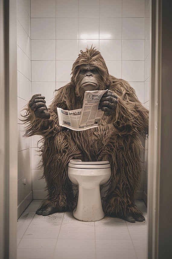 Sasquatch Sitting On The Toilet Reading A Newspaper Funny Bigfoot Print Funny Bathroom Mythical Creature Wall Art Ai Art
