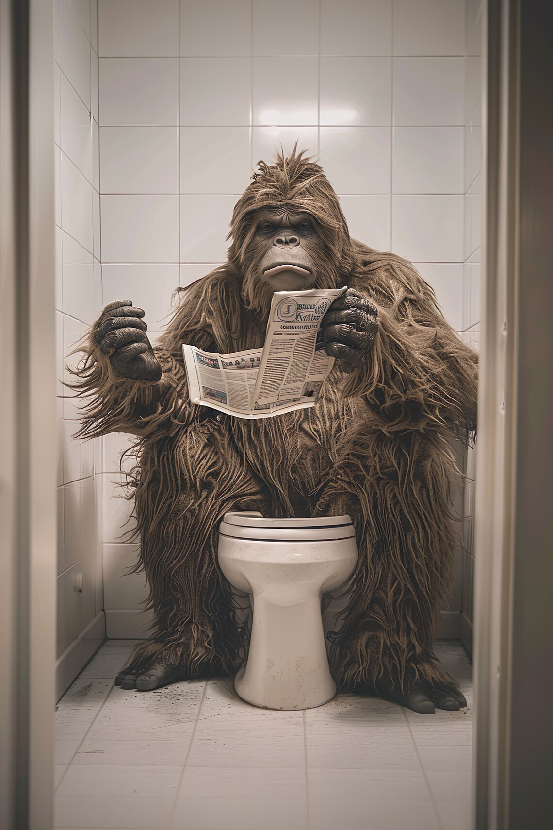 Funny Sasquatch Bigfoot Sitting On Toilet Reading Newspaper Poster