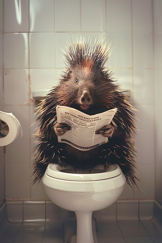 Funny Porcupine Reading Newspaper on the Toilet Bathroom Print