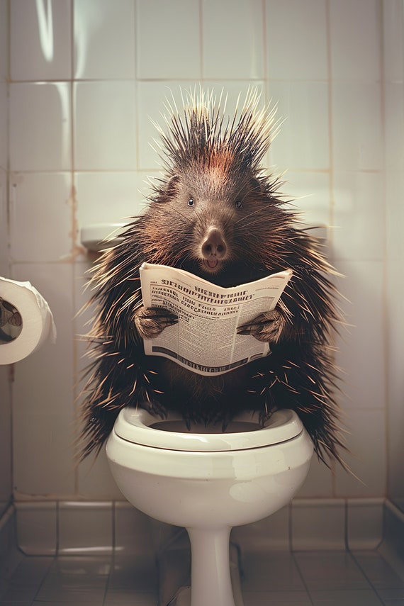 Porcupine Sitting On The Toilet Reading A Newspaper Funny Bathroom Humor Wall Decor Funny Animal Print Home Ai Print