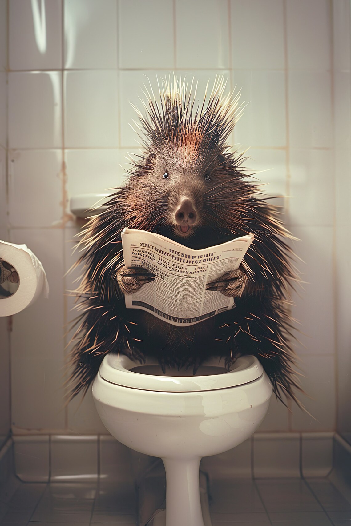 Funny Porcupine Reading Newspaper on the Toilet Bathroom Print