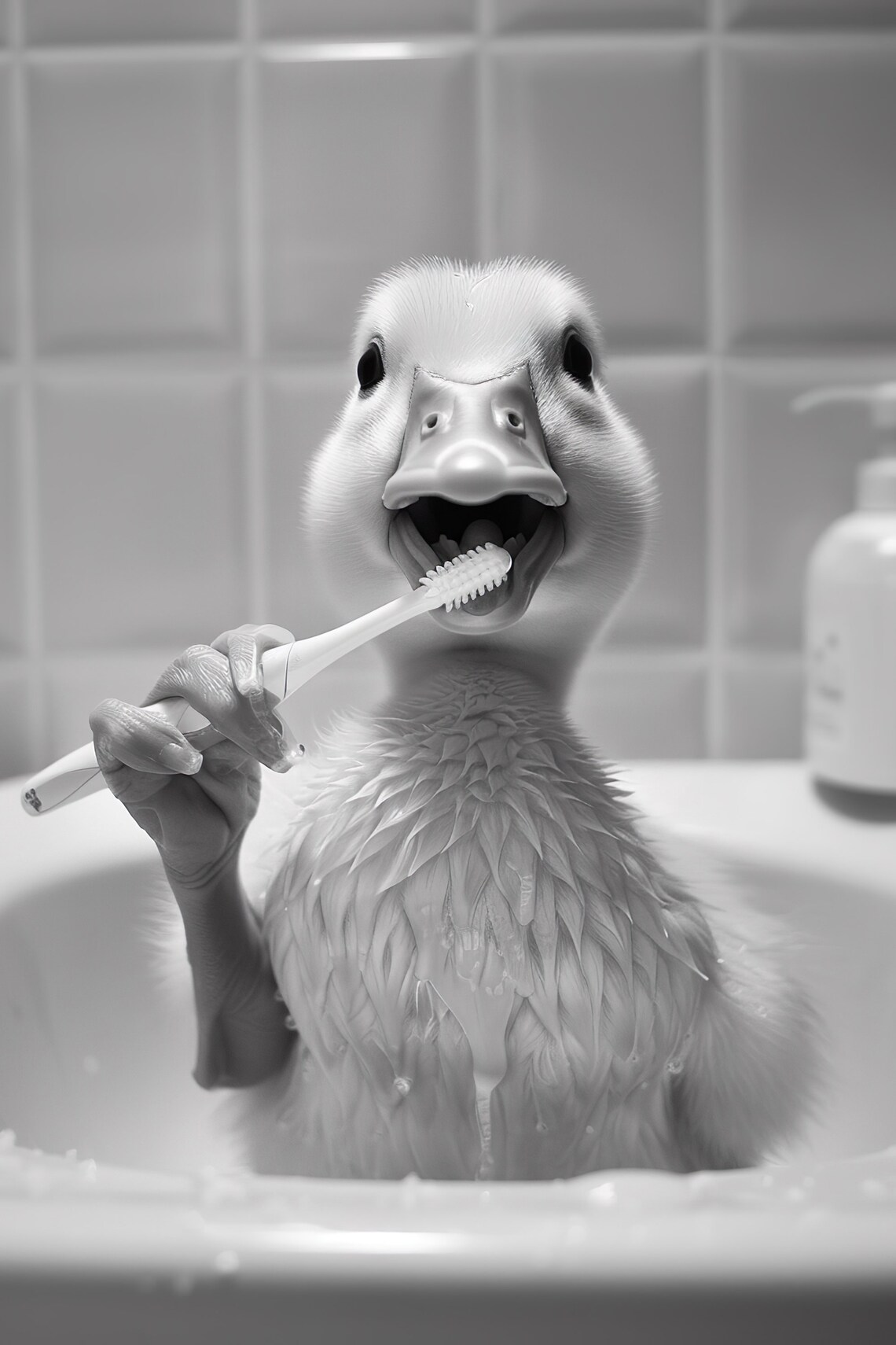 Funny Duck Brushing Teeth Vintage Style Poster