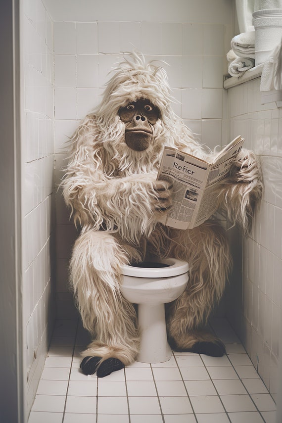 Yeti Sitting On The Toilet Reading A Newspaper Funny Bathroom Humor Funny Mythical Creature Wall Art Home Ai Art Prints