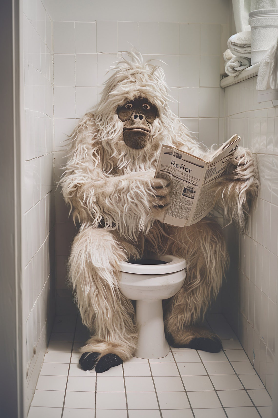 Yeti Reading Newspaper on the Toilet Funny Bathroom Wall Art
