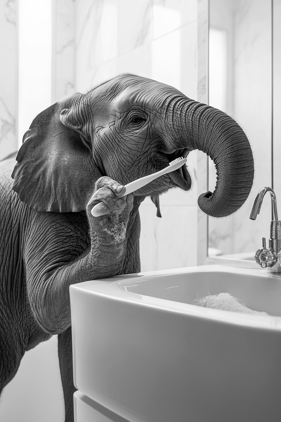 Baby Elephant Brushing Teeth Funny Bathroom Black and White Print - Image 2