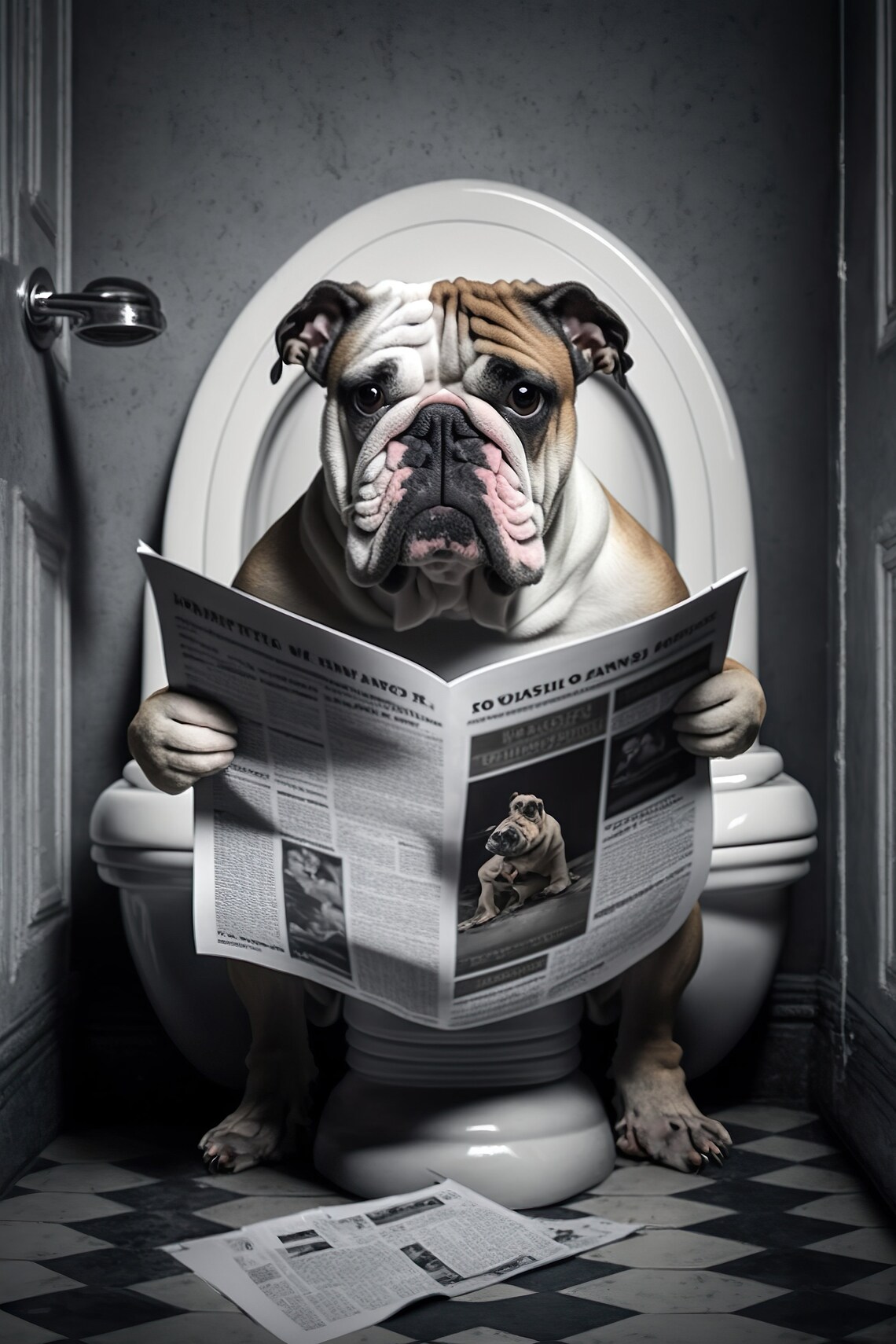 Bulldog Sitting on the Toilet Reading Newspaper, Poster