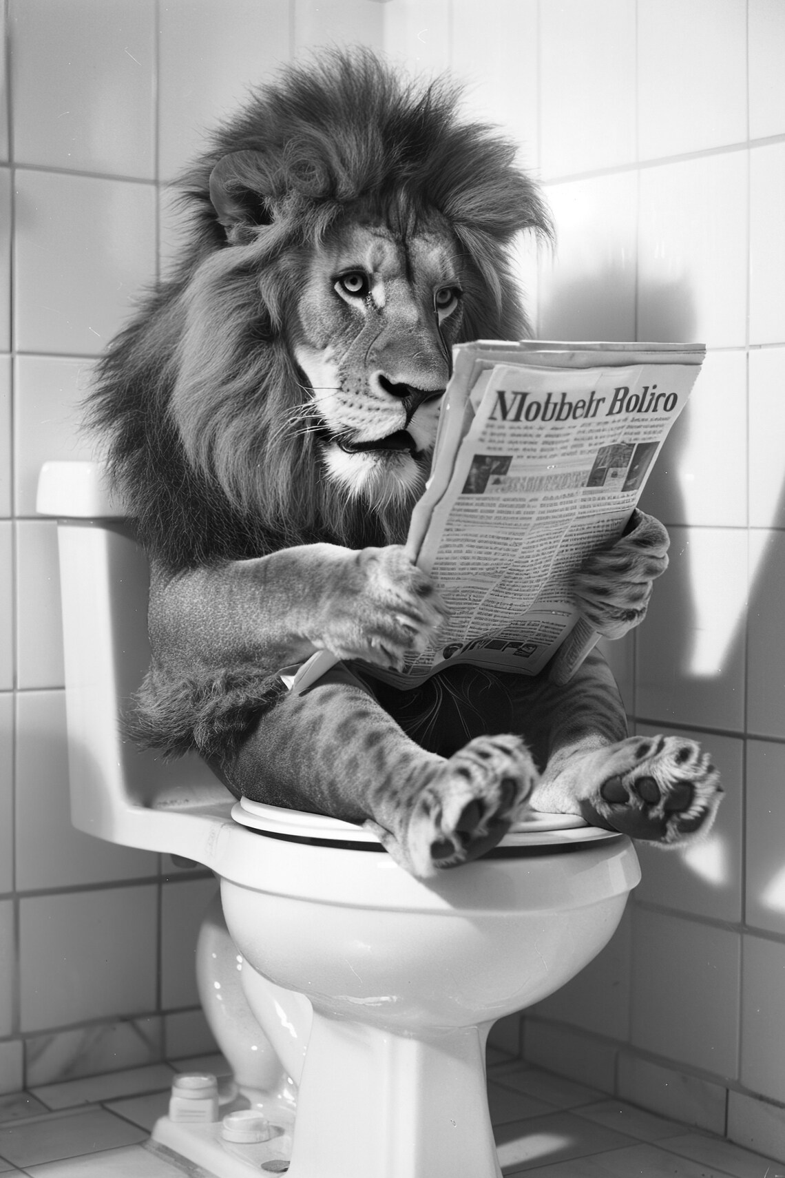 Lion Sitting on the Toilet Funny Vintage Bathroom Art