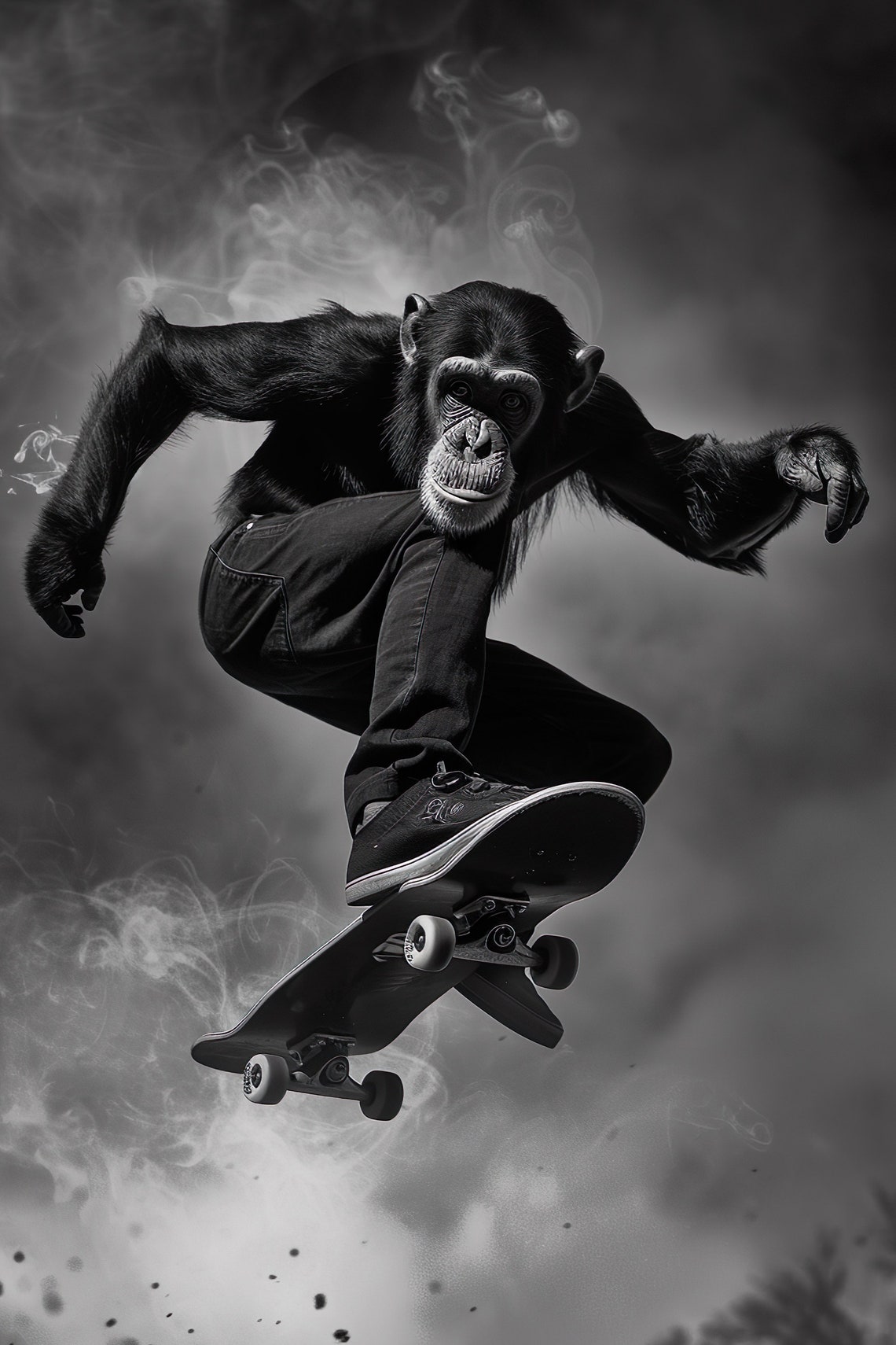 Chimpanzee Skateboard Jump Smoke Effect Black And White Print