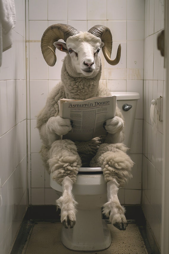 Ram Sitting On The Toilet Reading A Newspaper Funny Bathroom Humor Bighorn Sheep Funny Animal Print Home Ai Print
