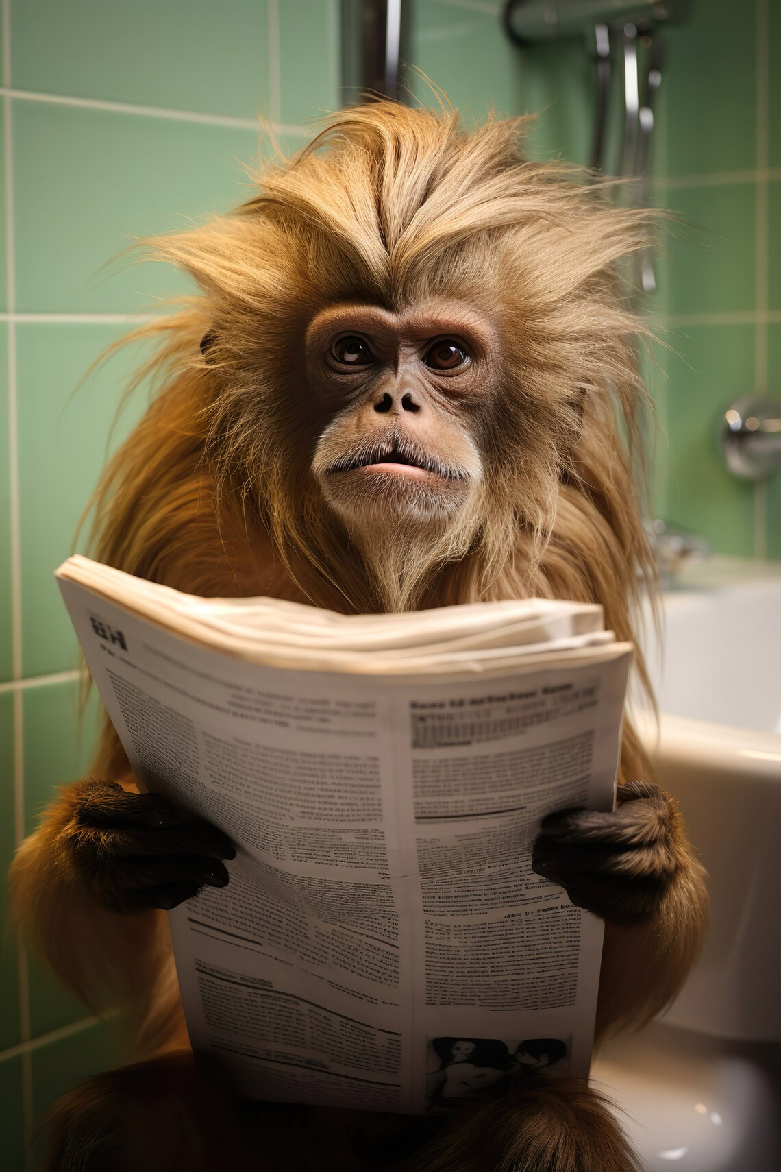 Golden Tamarin Monkey Reading Newspaper on Toilet Funny Poster
