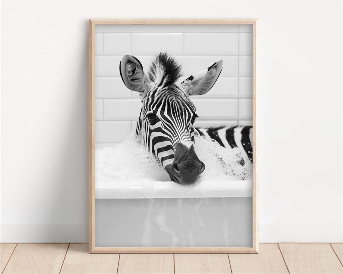 Baby Zebra in Bubble Bath Black and White Funny Bathroom Print