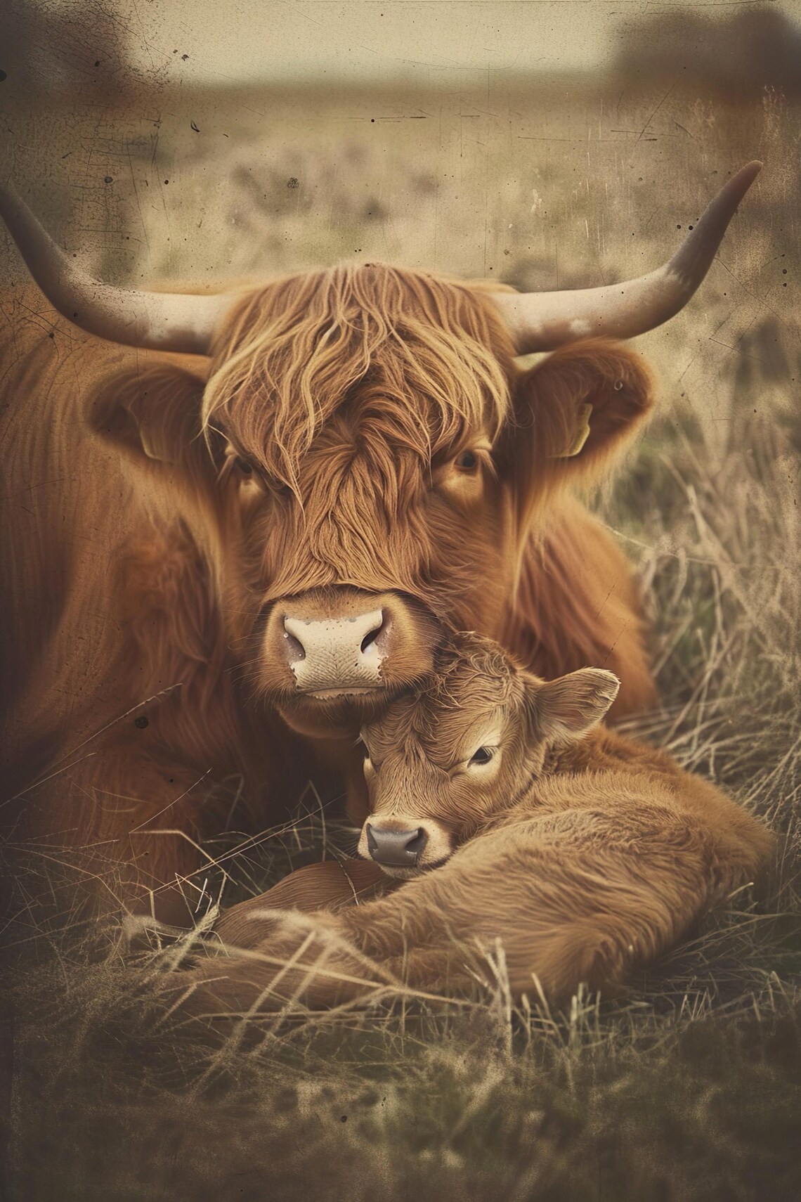 Highland Cow Family Nursery Print, Cute Vintage Style